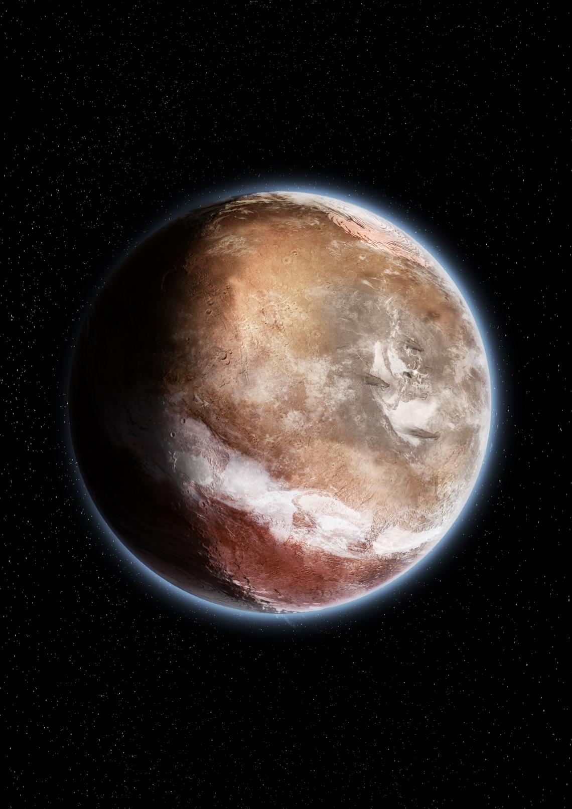 Mars as it may have looked like billions of years ago: Vast plumes of ash and water vapor billow into the atmosphere from the Tharsis region , a massive bulge of volcanic activity that created the tallest mountains in the solar system. Meanwhile, an icy r Mars as it may have looked like billions of years ago: Vast plumes of ash and water vapor billow into the atmosphere from the Tharsis region , a massive bulge of volcanic activity that created the tallest mountains in the solar system. Meanwhile, an icy r